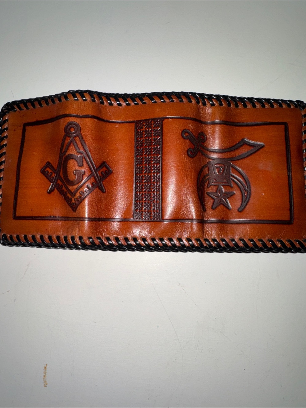 Vintage Handtooled Genuine Leather Wallet Shriners Freemasons Billfold Wallet